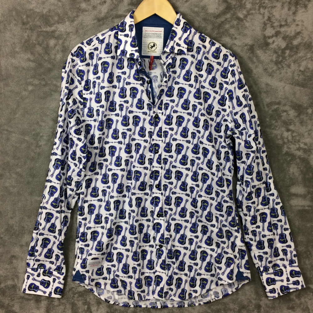 Fish Named Fred Button Down Mens Small White Blue Guitar Print Long Sleeve